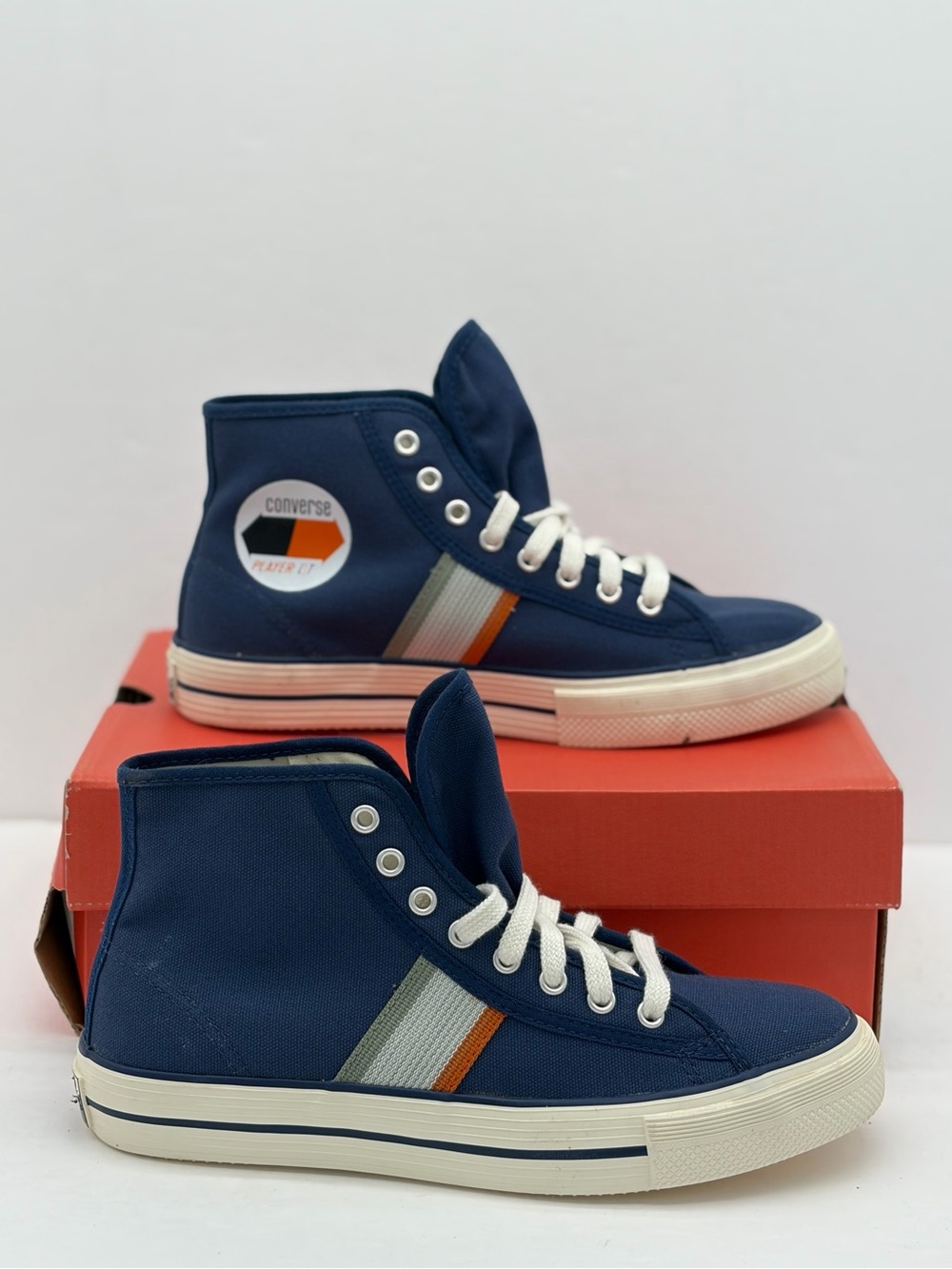 Converse Women’s Navy High-Top Sneakers with Orange & Gray Stripe